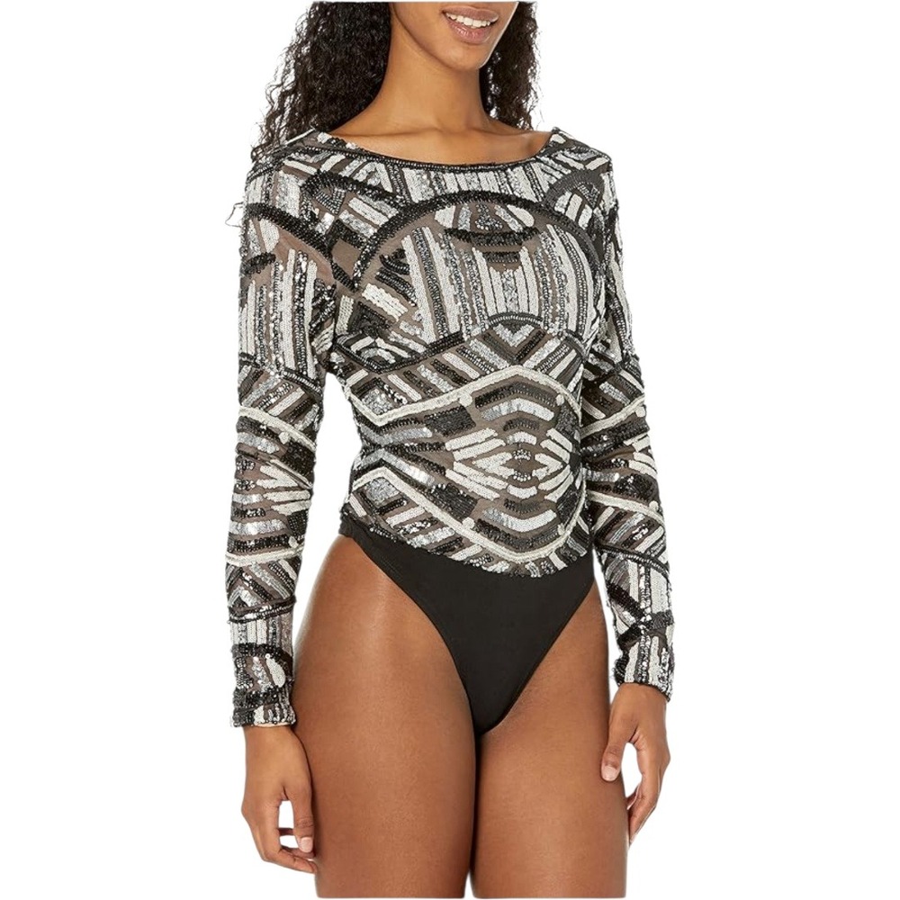 NWT‎ Dress The Population Leia Geometric Sequin Long Sleeve Bodysuit size XXS - Picture 3 of 9